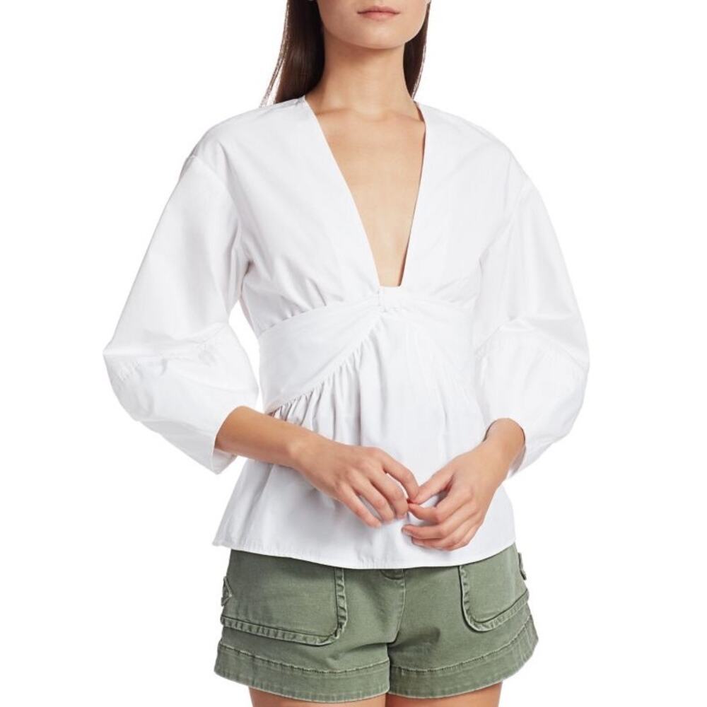 DEREK LAM White Noe Puff-Sleeve Peplum Plunging V-Neck Top Size 42
